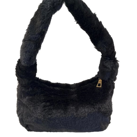 Furry Fluffy Soft Plush Shoulder Mini Hobo Handbag - NWT - Black - Picture 6 of 11